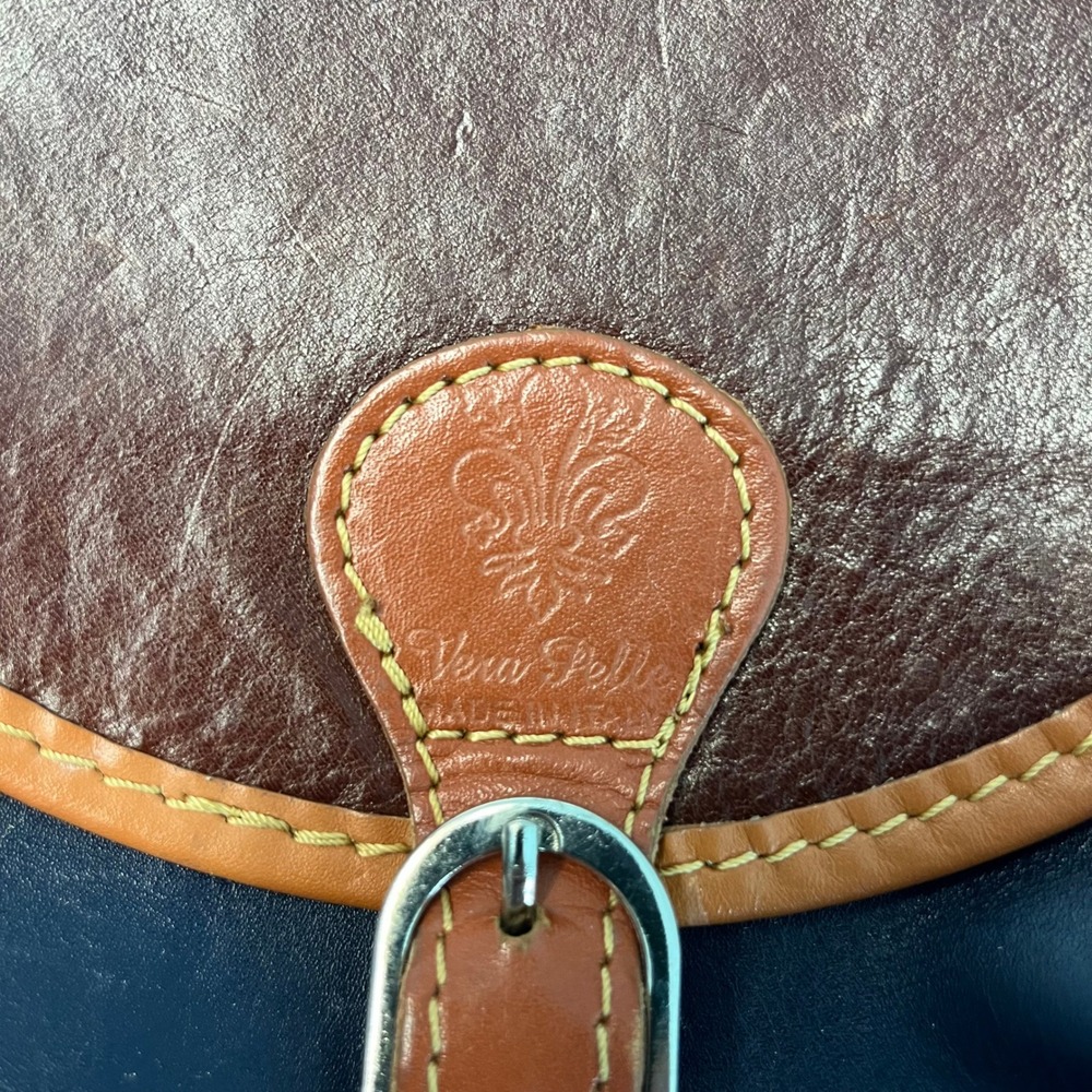 Vera Pelle Italian Multi Colorblock Leather Saddle Crossbody Bag Brown Blue Sm - Picture 3 of 10